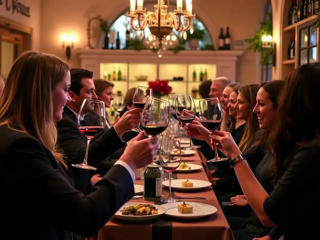 Guests enjoying a wine tasting event with Burgundy wines and gourmet food pairings.