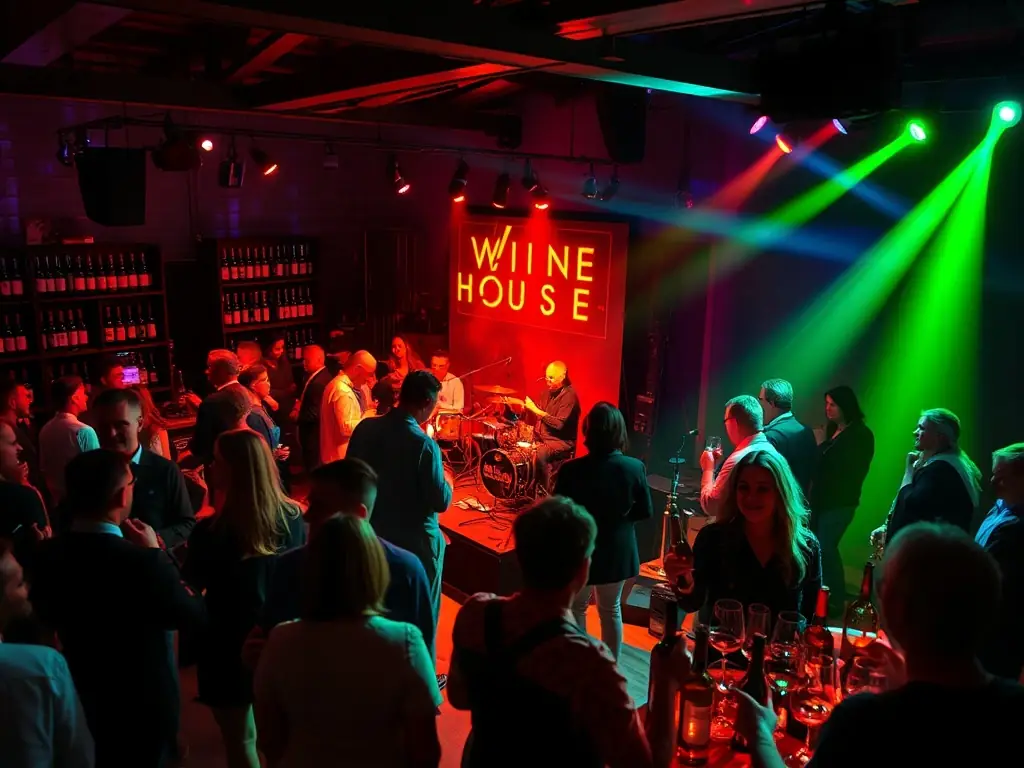 Guests enjoying a lively music and wine event at Wine House Luxembourg with a live band.