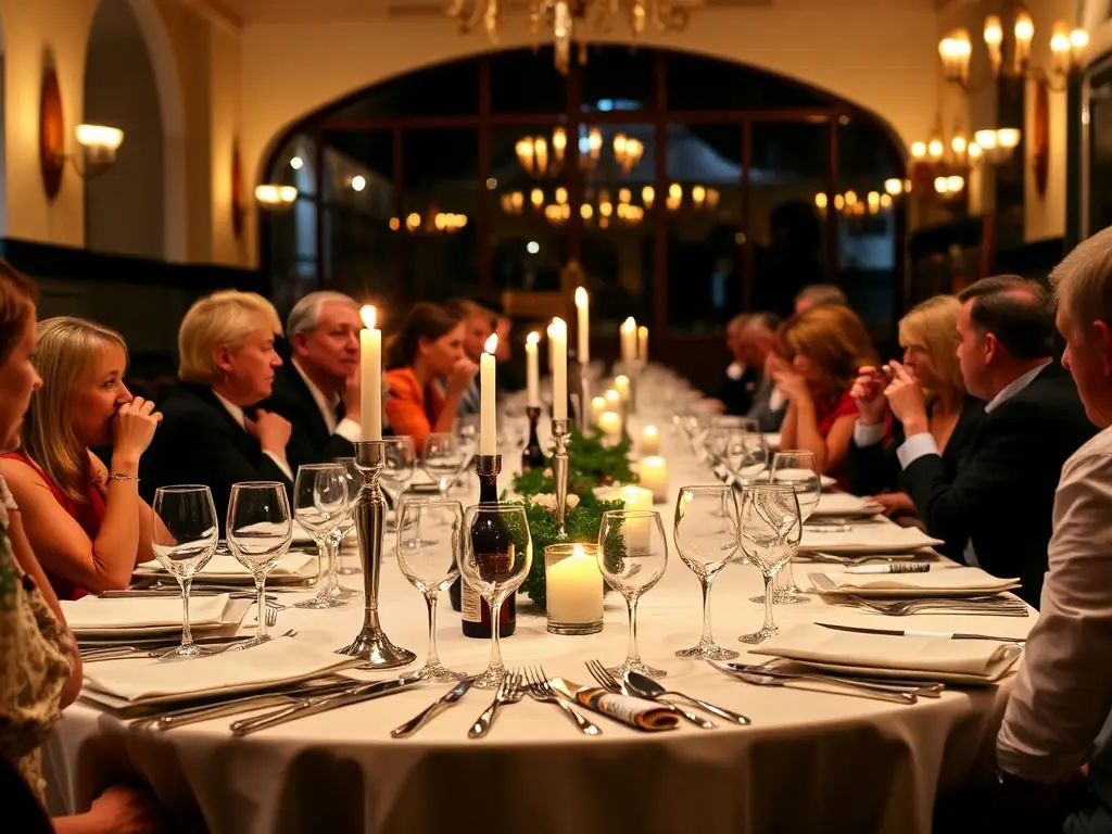 An elegant private wine dinner setting with guests at a beautifully set table.