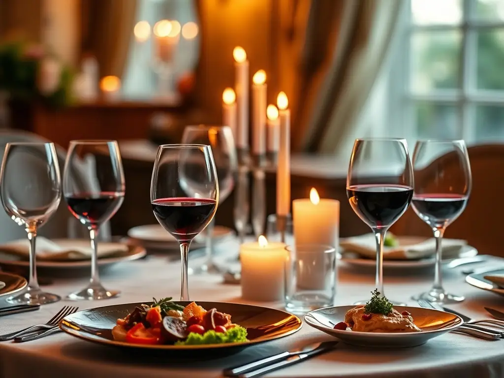 An elegant wine dinner setup with gourmet dishes and candles on the table.