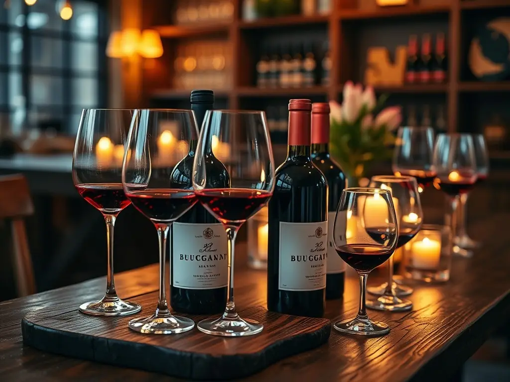 Cozy wine tasting event setup with Burgundy wine on a wooden table.