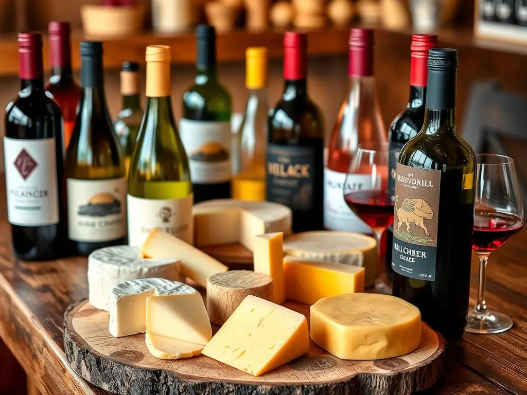 A vibrant display of wine and cheese pairing on a rustic table.